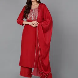 AHIKA Ethnic Motifs Yoke Design Regular Thread Work Kurta with Palazzos & With Dupatta-17