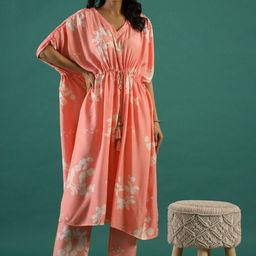 RangDeep Floral Printed V-Neck Regular Pure Cotton Kaftan Kurta With Trousers-58
