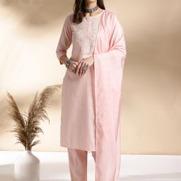 Anouk Floral Embroidered Round Neck Straight Kurta with Trousers & Dupatta-picture-40