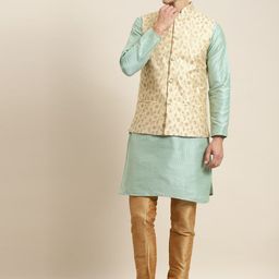 SOJANYA Striped Mandarin Collar Regular Kurta With Churidar & Nehru Jacket-14