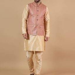 Wintage Mandarin Collar Straight Kurta & Pyjamas With Nehru Jacket-image-108