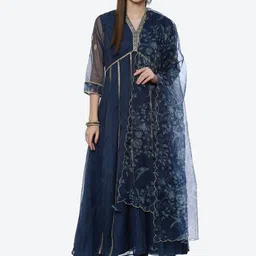 Biba Women Navy Blue Printed Kurti With Dupatta-image-38