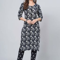 JAHIDA COMFORT WITH STYLE Floral Printed Pure Cotton Straight Kurta With Pyjama-image-89