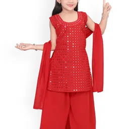 BAESD Girls Embroidered Regular Mirror Work Straight Kurta With Palazzos & Dupatta-picture-15