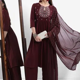 Vishudh Burgandy Ethnic Motifs Embroidered Empire A-line Kurta With Palazzos & Dupatta-4