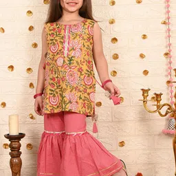 Sangria Girls Yellow & pink Floral Printed Gota Patti Pure Cotton Kurti With Sharara-picture-33