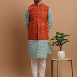 SOJANYA Men Ethnic Motifs Printed Kurta With Pyjamas & Nehru Jacket-6