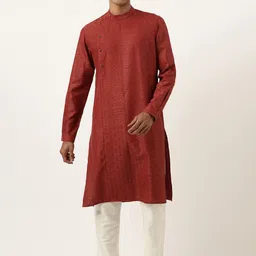TheEthnic.Co Woven Design Band Collar Angrakha Pure Cotton Kurta with Pyjamas-picture-14