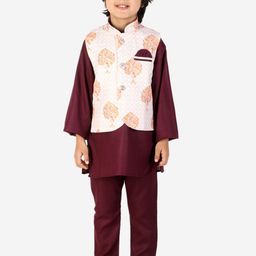 Superminis Boys Purple Layered Kurta with Pyjamas  With Printed Fancy White Base Jacket-image-99