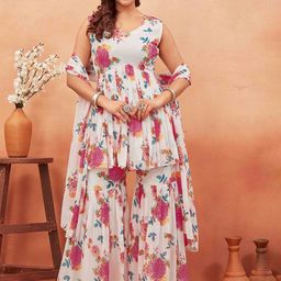 ODD BY chansi TRENDZ Floral Printed V-Neck Empire A-Line Kurti WithSharara & Dupatta-image-96