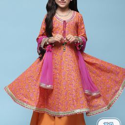 Biba Girls Floral Printed Gotta Patti Pure Cotton Anarkali Kurta & Sharara With Dupatta-picture-45