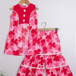 The Magic Wand Girls Red & Pink Floral Printed High Slit Pure Cotton Kurta With Sharara-image-55