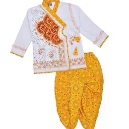 PK HUB Boys Ethnic Motifs Embroidered Angrakha Mirror Work Pure Cotton Kurta with Dhoti Pants-53