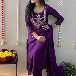 KALINI Ethnic Motifs Embroidered Thread Work Detail Straight Kurta & Trousers With Dupatta-16