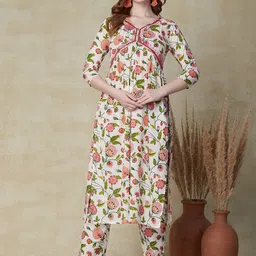FASHOR Floral Printed Mirror Work Pure Cotton Kurta with Trousers-picture-39