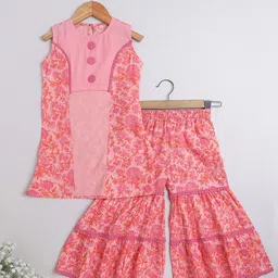 The Magic Wand Girls Pink & Peach Floral Printed High Slit Pure Cotton Kurta With Sharara-image-53