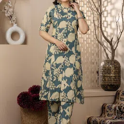 ANNAYEMA APPARELS Floral Printed Mandarin Collar Pure Cotton A-Line Kurta with Trousers-picture-44