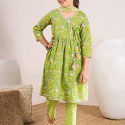 pspeaches Girls Ethnic Motifs Printed Angrakha Pure Cotton Kurta with Trousers & Dupatta-image-27