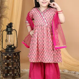 Kinder Kids Girls Floral Printed Angrakha Pure Cotton Kurti With Sharara & Dupatta-picture-42