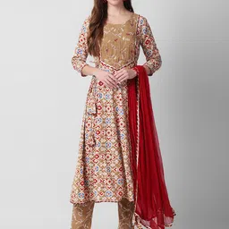 Rubellite Geometric Printed Beads & Stones A-Line Kurta & Trousers With Dupatta-17