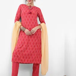 Vishudh Red Bandhani Printed Tie Up Neck Kurta with Trousers & Dupatta-picture-7