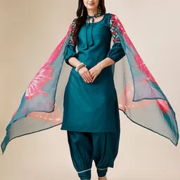 Sangria Teal & Red Embroidered Puff Sleeves Mirror Work Kurta With Salwar & Dupatta-41
