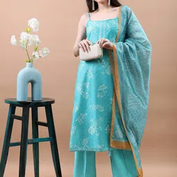 Vishudh Turquoise Blue Floral Printed Regular Kurta with Trousers & With Dupatta-6