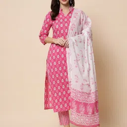 heemara Women Pink Ethnic Motifs Printed Pure Cotton Kurta with Trousers & Dupatta-image-19