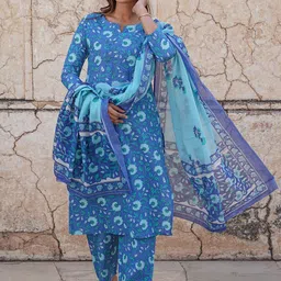 KALINI Floral Printed Regular Pure Cotton Kurta with Trousers & Dupatta-16