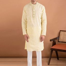 Aaheli Floral Embroidered Mandarin Collar Pure Cotton Straight Kurta with Pyjamas-38