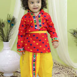 BownBee Boys Bandhani Printed Thread Work Pure Cotton Kurta with Dhoti Pants-16