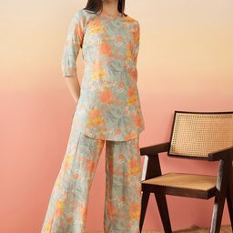 Sangria Floral Printed Tie Up Neck Ethnic Top With Palazzos-22