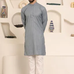 Armaan Ethnic Striped Mandarin Collar Pure Cotton Straight Kurta With Pyjama-41