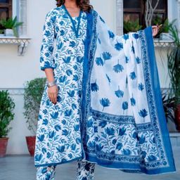 SINSINI Women Floral Printed Pleated Pure Cotton Kurta with Trousers & With Dupatta-image-21