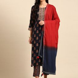 SHOWOFF Ethnic Motifs Printed Mirror Work Straight Kurta With Trousers & Dupatta-21
