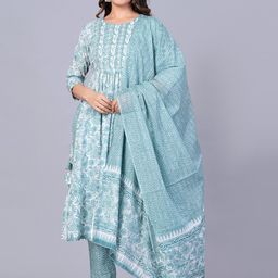 KALINI Floral Printed Thread Work Pure Cotton A-Line Kurta & Trousers With Dupatta-picture-0