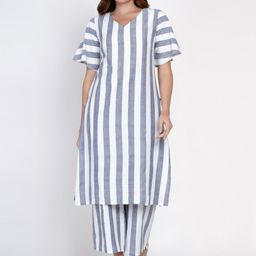 FABNEST Women Grey Striped Kurta with Trousers-picture-4