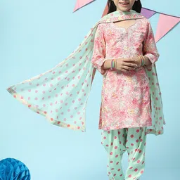 Biba Girls Floral Printed Mirror Work Sequined Kurta with Salwar & Dupatta-image-92