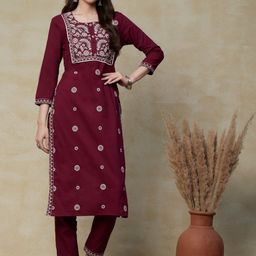 FASHOR  Maroon & White Floral Embroidered Regular Pure Cotton Kurta with Trousers-picture-13
