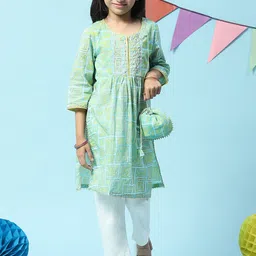 Biba Girls Turquoise Blue Printed Regular Kurta with Trousers-picture-11