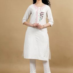Marcia Floral Embroidered Regular Thread Work Pure Cotton Straight Kurta With Trousers-image-8