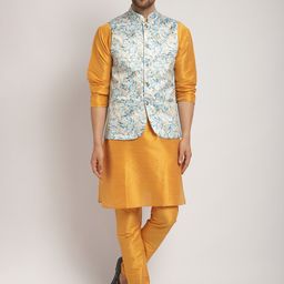 Kaifoo Mandarin Collar Kurta with Churidar & Printed Nehru Jacket-picture-51