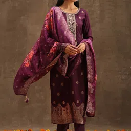 Libas Vilot Floral Pure Silk Kurta With Trousers & Dupatta-picture-32