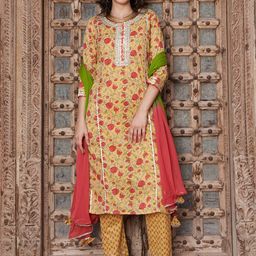 Sangria Floral Printed Gotta Patti Pure Cotton Kurta with Trousers & Dupatta-21