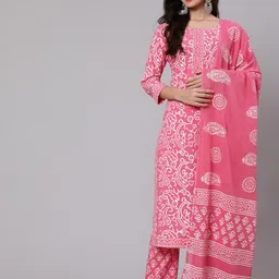 GLAM ROOTS Women Pink Floral Printed Pure Cotton Kurta with Trousers & Dupatta-image-32