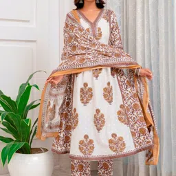 SINSINI Women Floral Printed Pleated Pure Cotton Kurta with Trousers & With Dupatta-picture-9