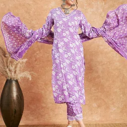 Sangria Floral Printed V-Neck Regular Kurta With Trousers & Dupatta-5