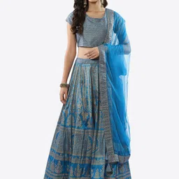 Biba Turquoise Printed Ready to Wear Lehenga & Blouse With Dupatta-picture-52