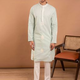 Aaheli Floral Embroidered Mandarin Collar Pure Cotton Straight Kurta with Pyjamas-picture-49