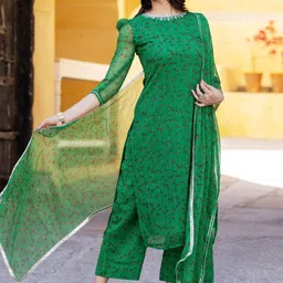 Ambraee Floral Printed Puffed Sleeves Straight Kurta With Trousers & Dupatta-image-18